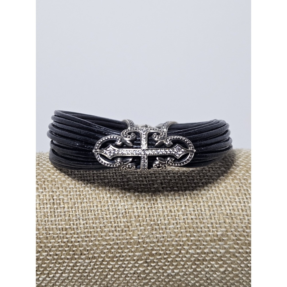 Scott Kay Sterling Silver Filigree Cross MultiStrand Black Leather Cuff Bracelet